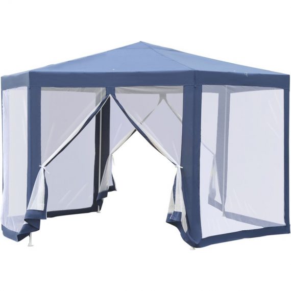 Tonnelle barnum tente de réception hexagonale 10 m² style cosy métal polyester imperméabilisé bleu blanc 84C-044BU 3662970016183